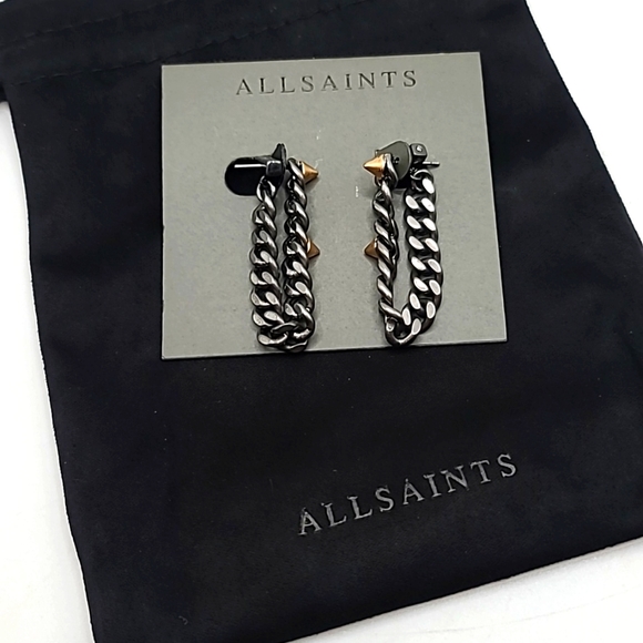 AllSaints Gunmetal Chain & Gold Stud Drop Earrings - Picture 2 of 3